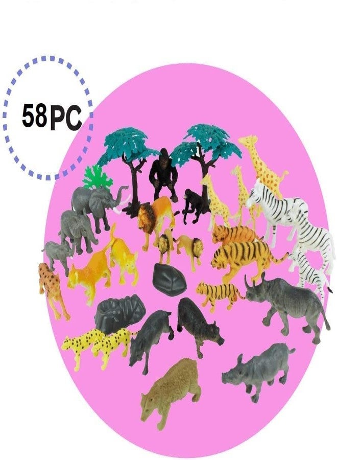 Mallexo مجموعة ألعاب حيوانات المزرعة والغابة المصغرة الواقعية من ماليكسو | 58 قطعة من مجسمات حيوانات الغابة البرية للأطفال من الجنسين: أسد، نمر، دب، قرد، باندا. هدية مثالية لأعياد ميلاد الأطفال. - Image 4